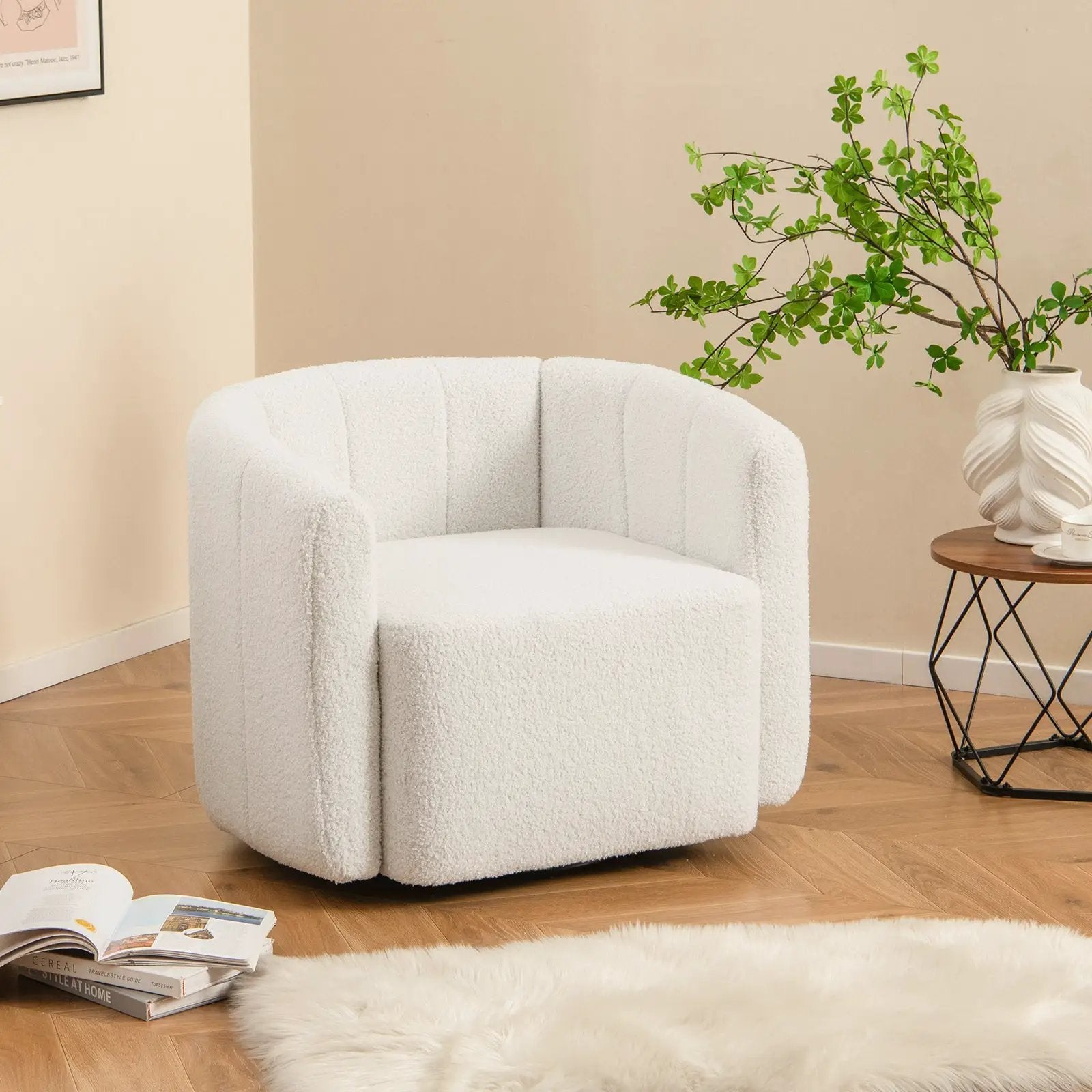 Modern Upholstered Sherpa Accent Chair with Curved Backrest and Armrests-White by DirectDeals