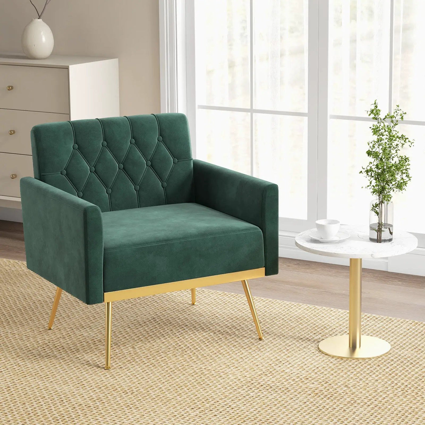 Modern Velvet Accent Chair with Button Tufted Back Golden Metal Legs and Adjustable Foot Pads by DirectDeals