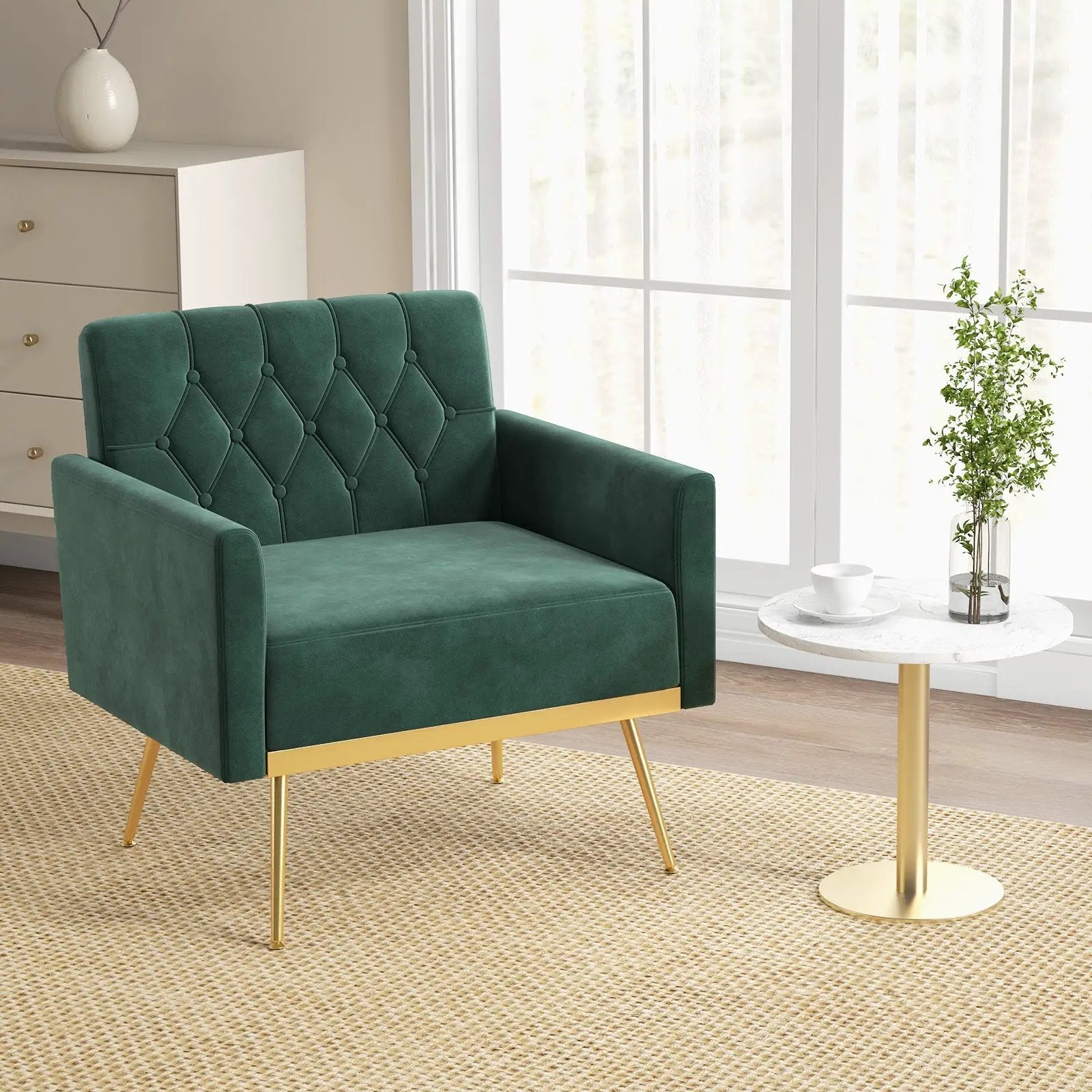 Modern Velvet Accent Chair with Button Tufted Back Golden Metal Legs and Adjustable Foot Pads by DirectDeals