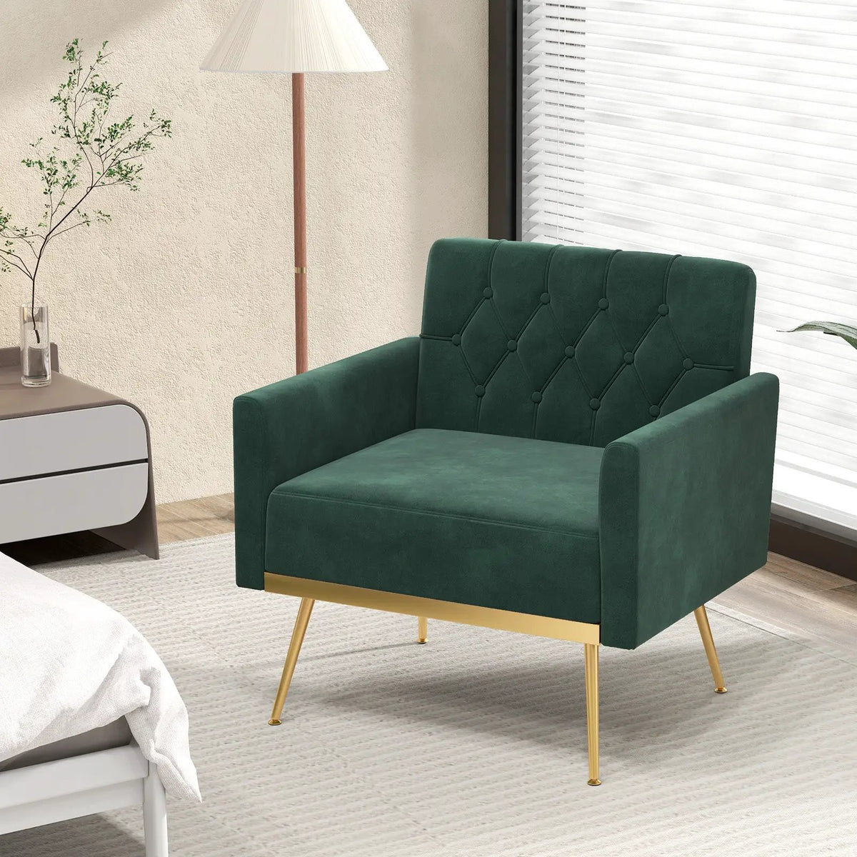 Modern Velvet Accent Chair with Button Tufted Back Golden Metal Legs and Adjustable Foot Pads by DirectDeals