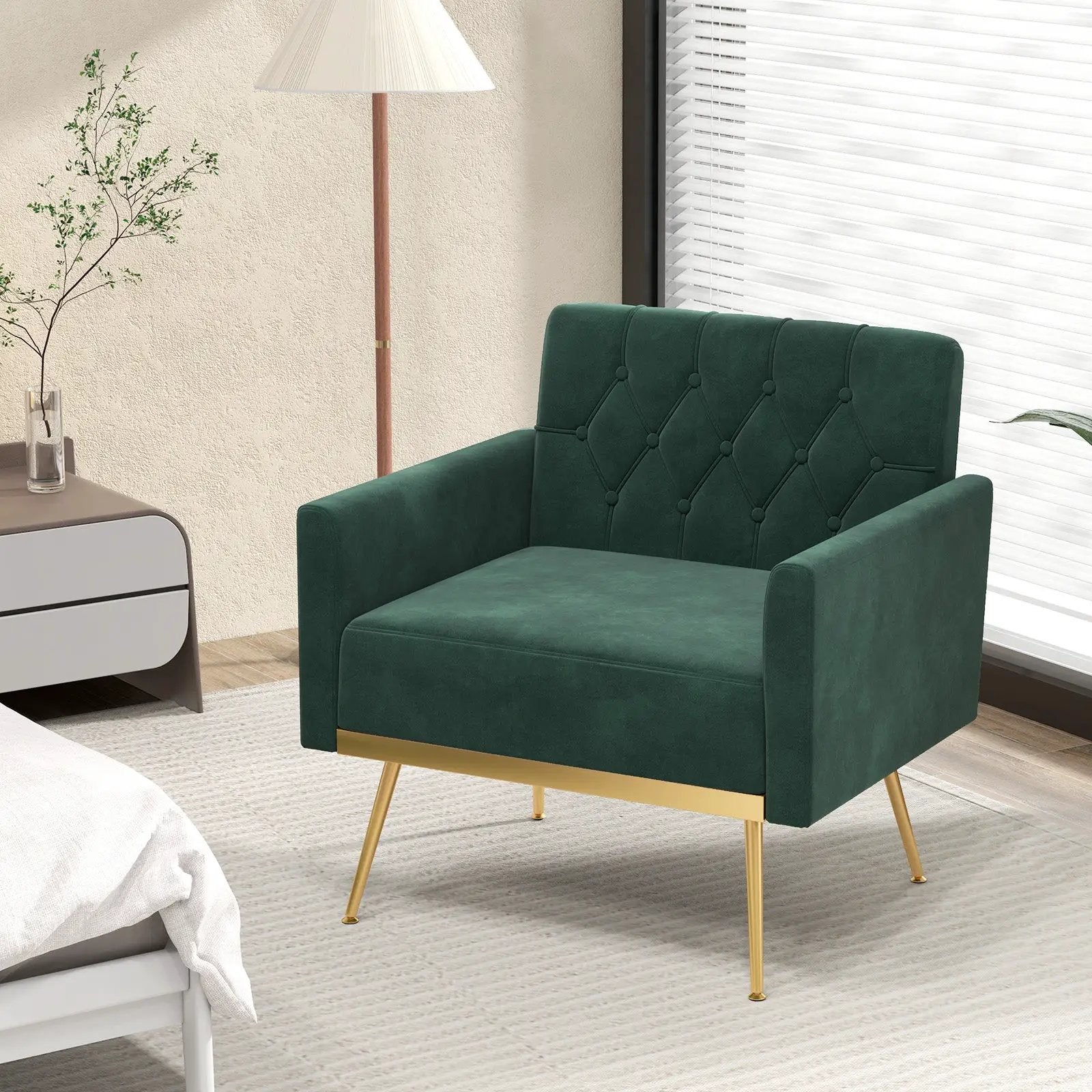 Modern Velvet Accent Chair with Button Tufted Back Golden Metal Legs and Adjustable Foot Pads by DirectDeals