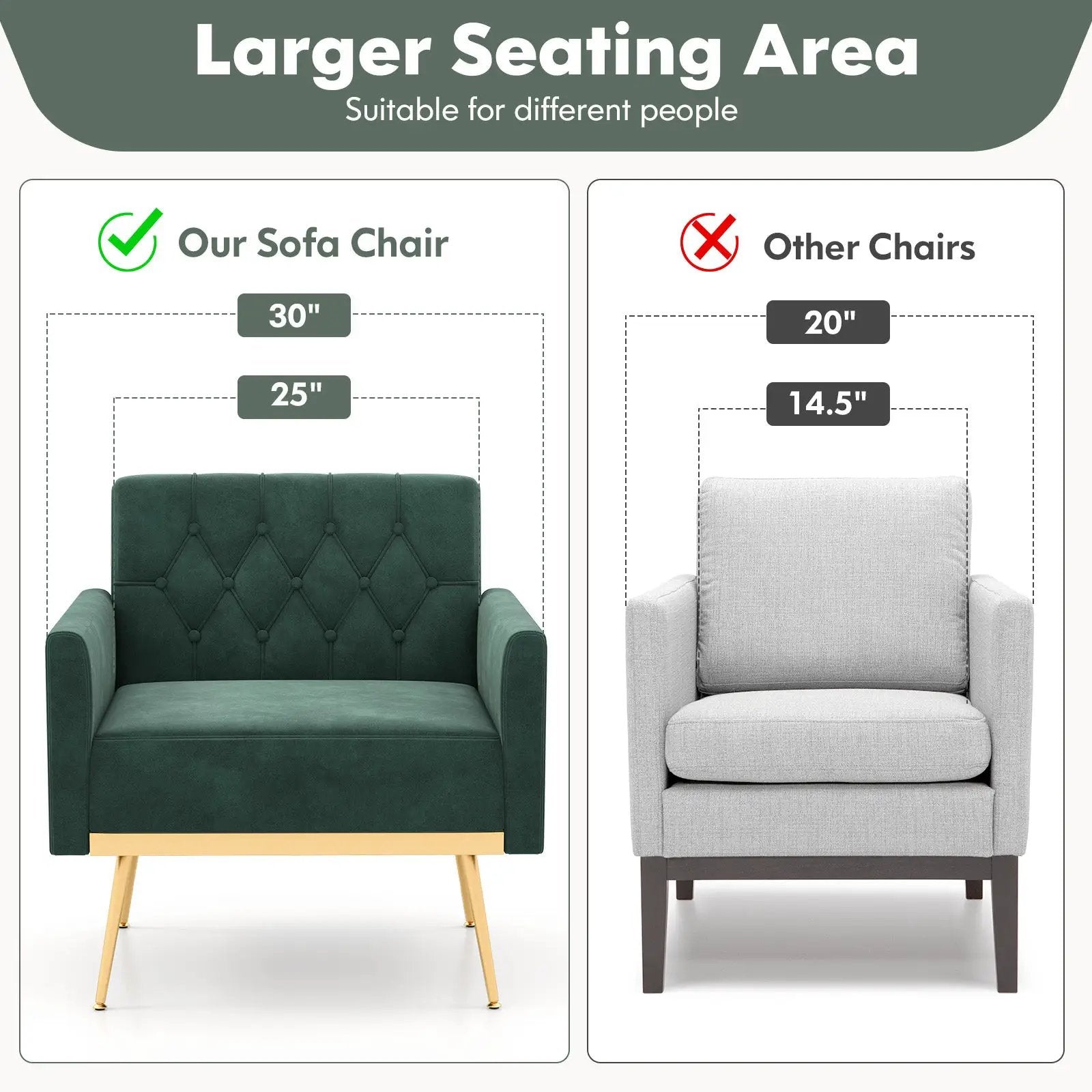 Modern Velvet Accent Chair with Button Tufted Back Golden Metal Legs and Adjustable Foot Pads by DirectDeals