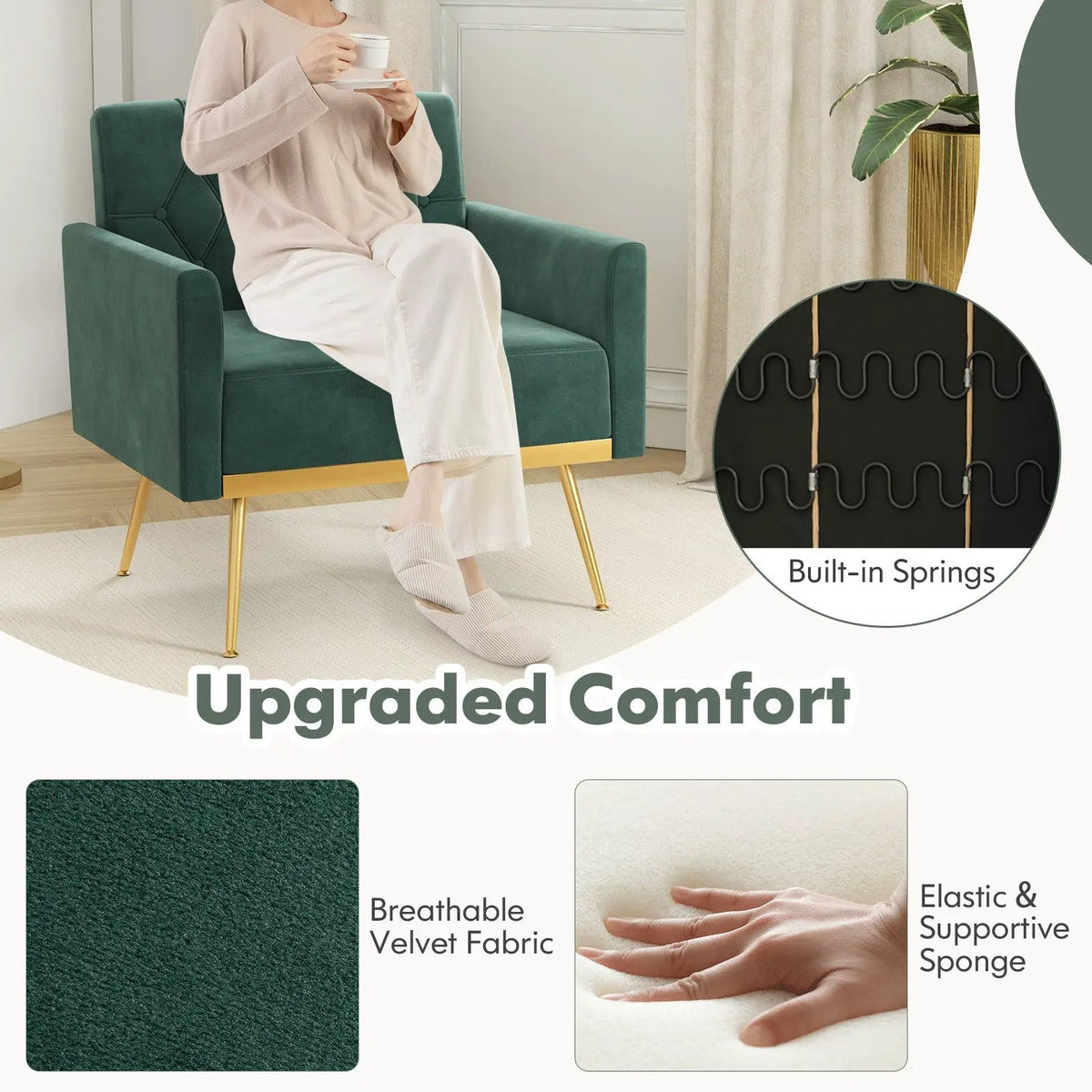 Modern Velvet Accent Chair with Button Tufted Back Golden Metal Legs and Adjustable Foot Pads by DirectDeals