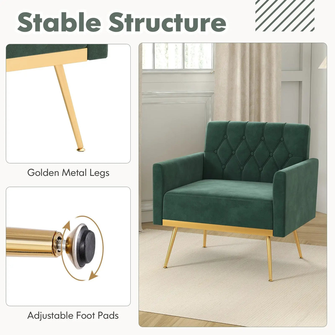Modern Velvet Accent Chair with Button Tufted Back Golden Metal Legs and Adjustable Foot Pads by DirectDeals
