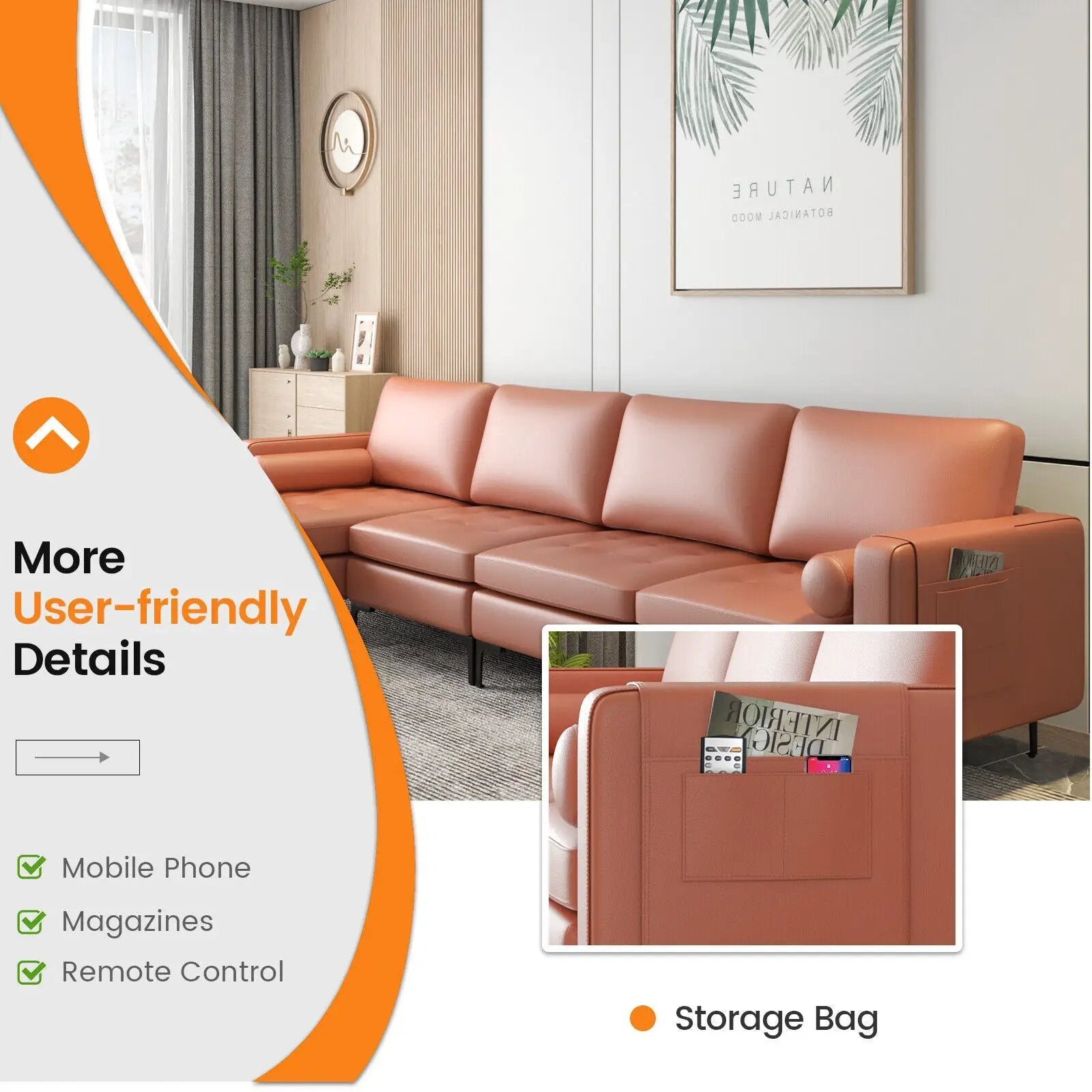 Modular L-shaped 4-Seat Sectional Sofa with Reversible Chaise and 2 USB Socket by DirectDeals