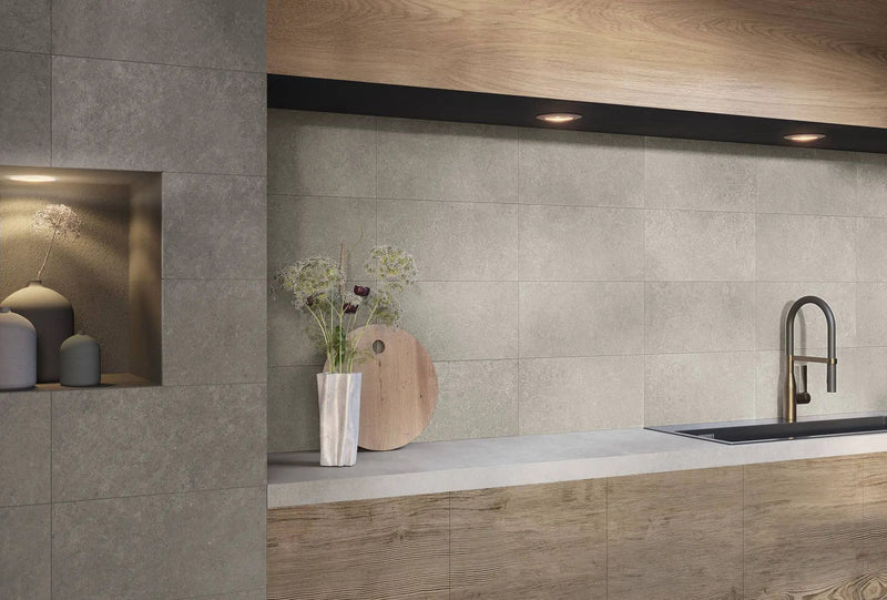 Mood Dark Limestone Look Porcelain Tiles 12x24 by landmarkceramics