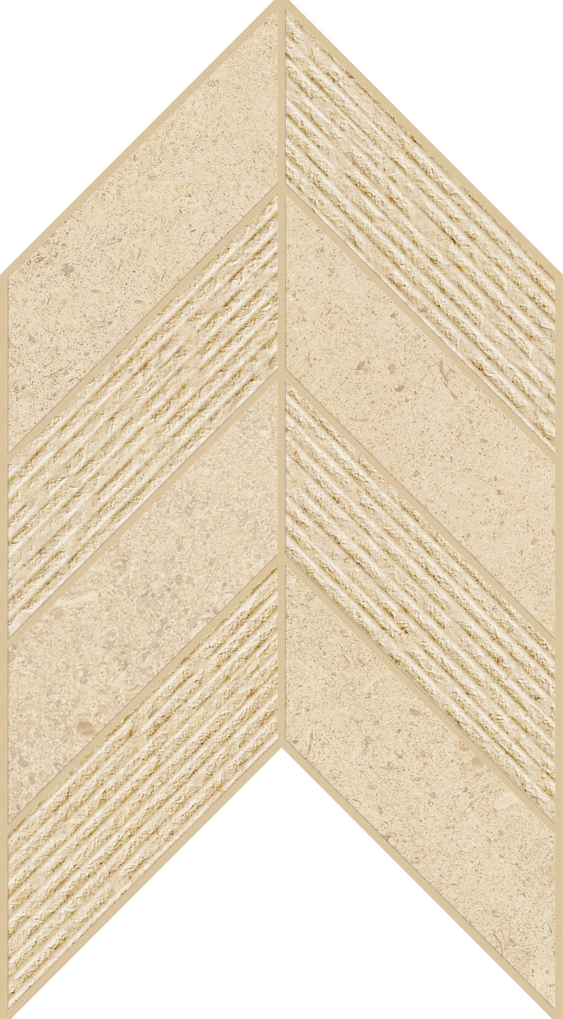 Mood Dune Mosaic Chevron 3d Limestone Look Porcelain Mosaics 7.44x10 by landmarkceramics