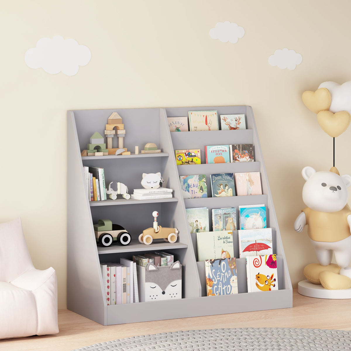 4 Tier Bookshelf and Toy Storage Organizer with Display Stand - Gray, Light Brown, White, photo 6 of 12