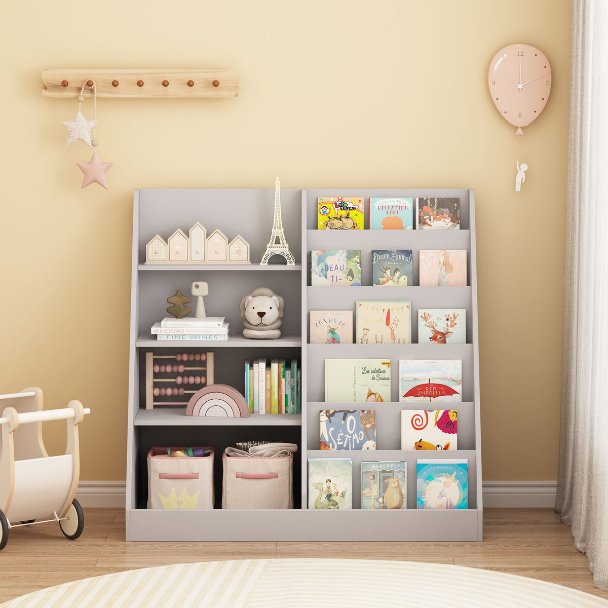 4 Tier Bookshelf and Toy Storage Organizer with Display Stand - Gray, Light Brown, White, photo 9 of 12