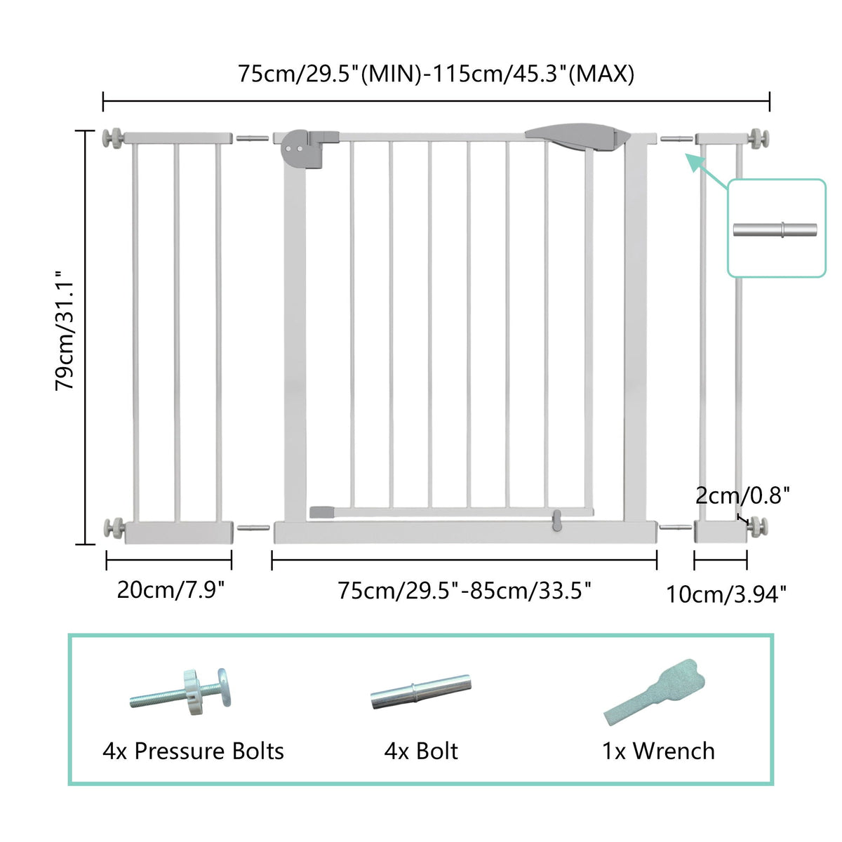 Pressure Mounted Baby Gate for Stairs with Double-Lock Safety - White, photo 3 of 4