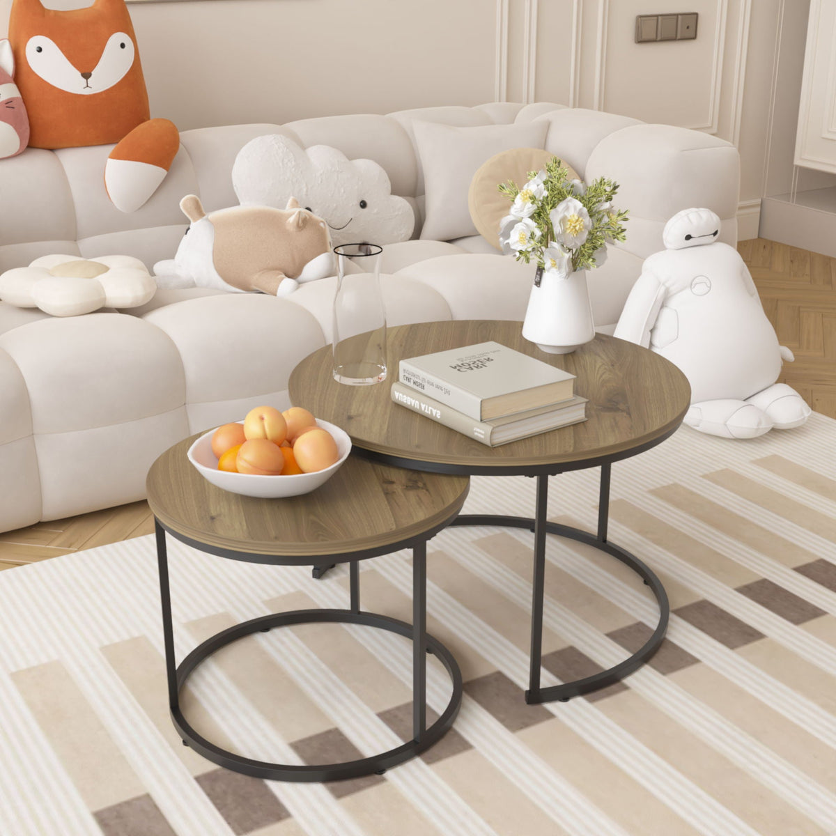 Round Nesting Coffee Table Set of 2 with Metal Base - Light Brown, White, or Black, photo 10 of 12