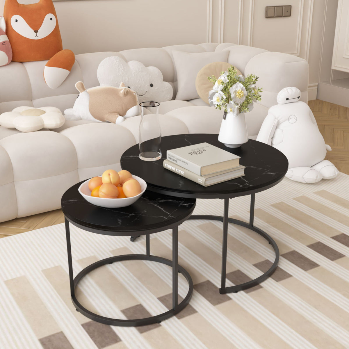 Round Nesting Coffee Table Set of 2 with Metal Base - Light Brown, White, or Black, photo 8 of 12