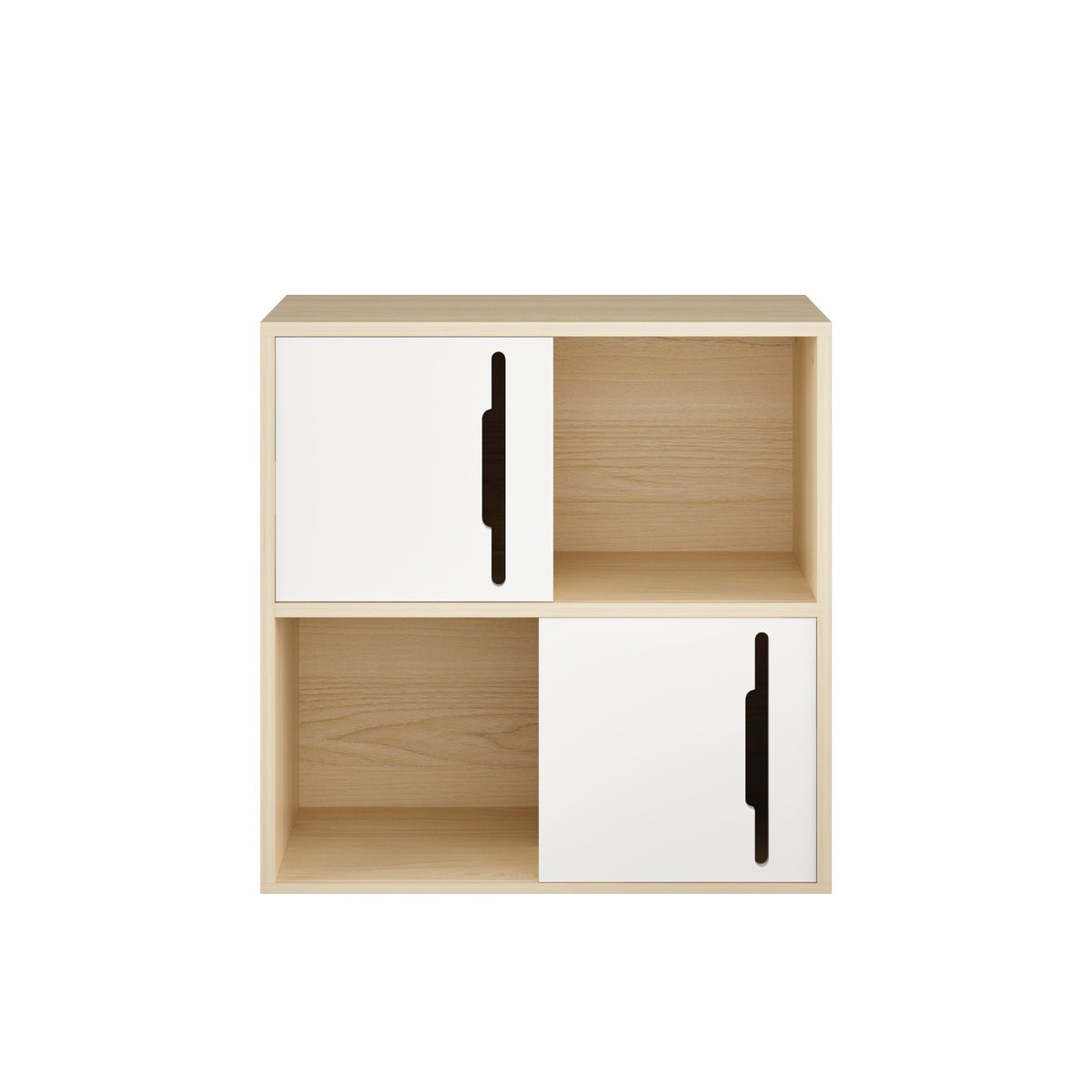 Storage Cabinet with Sliding Doors, 2 Tier Open and Closed Shelves Organizer - Natural / White
