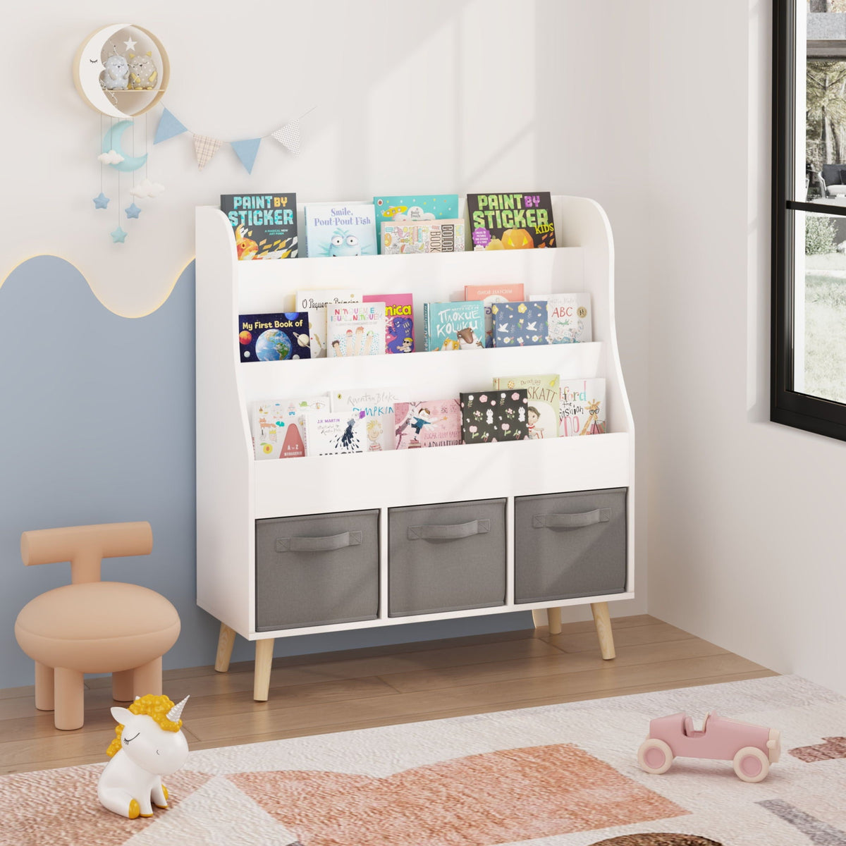 White Bookshelf with 3 Storage Bins - Front Facing Book Display Organizer, photo 3 of 4