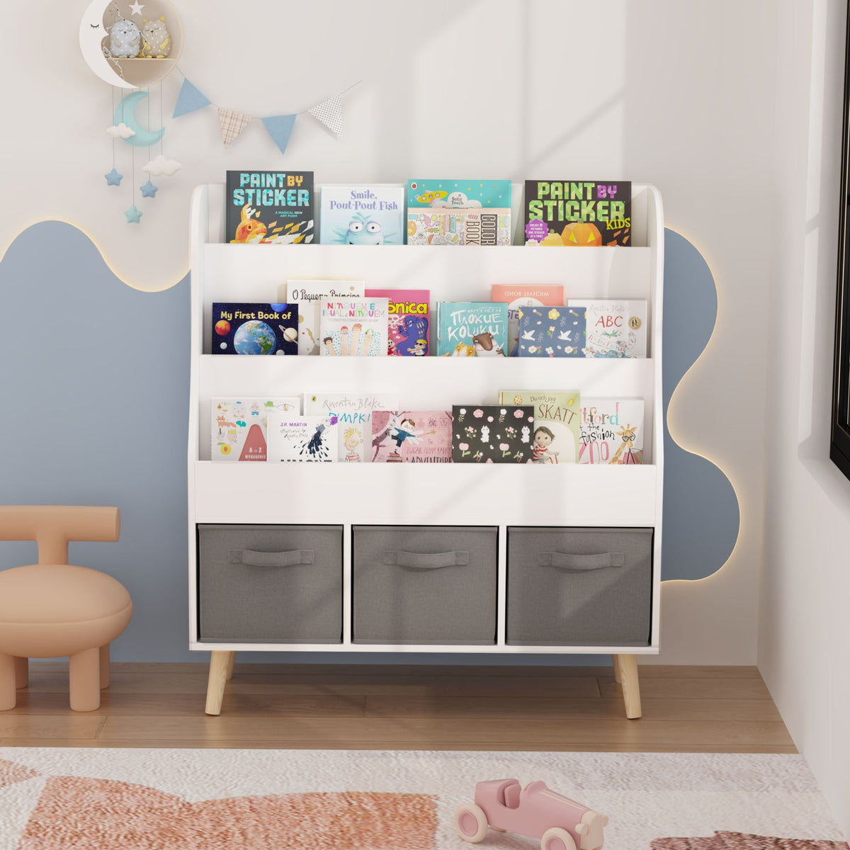 White Bookshelf with 3 Storage Bins - Front Facing Book Display Organizer, photo 4 of 4