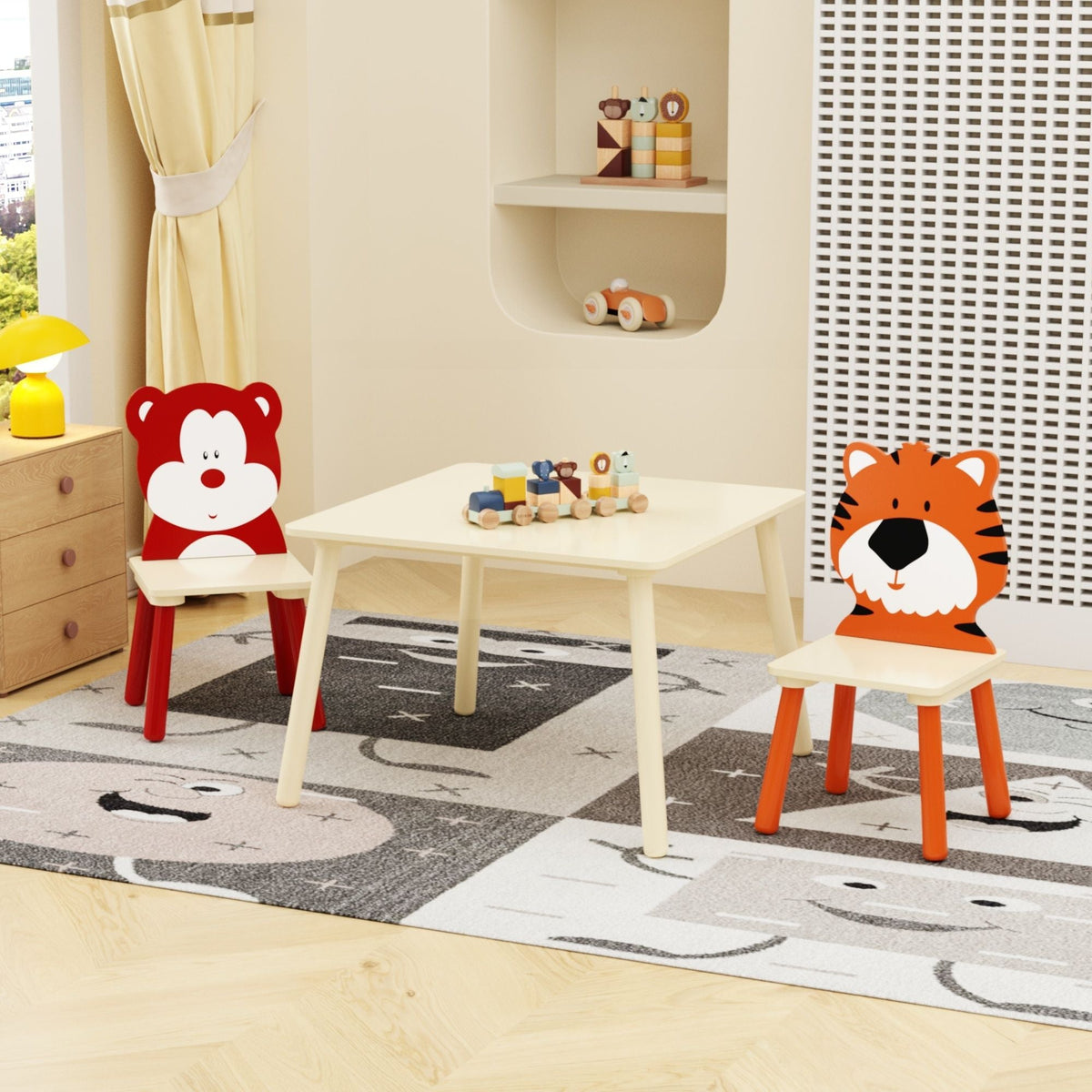 Wood Activity Table and 2 Chairs Set with Bear & Tiger Design - Natural, photo 2 of 4