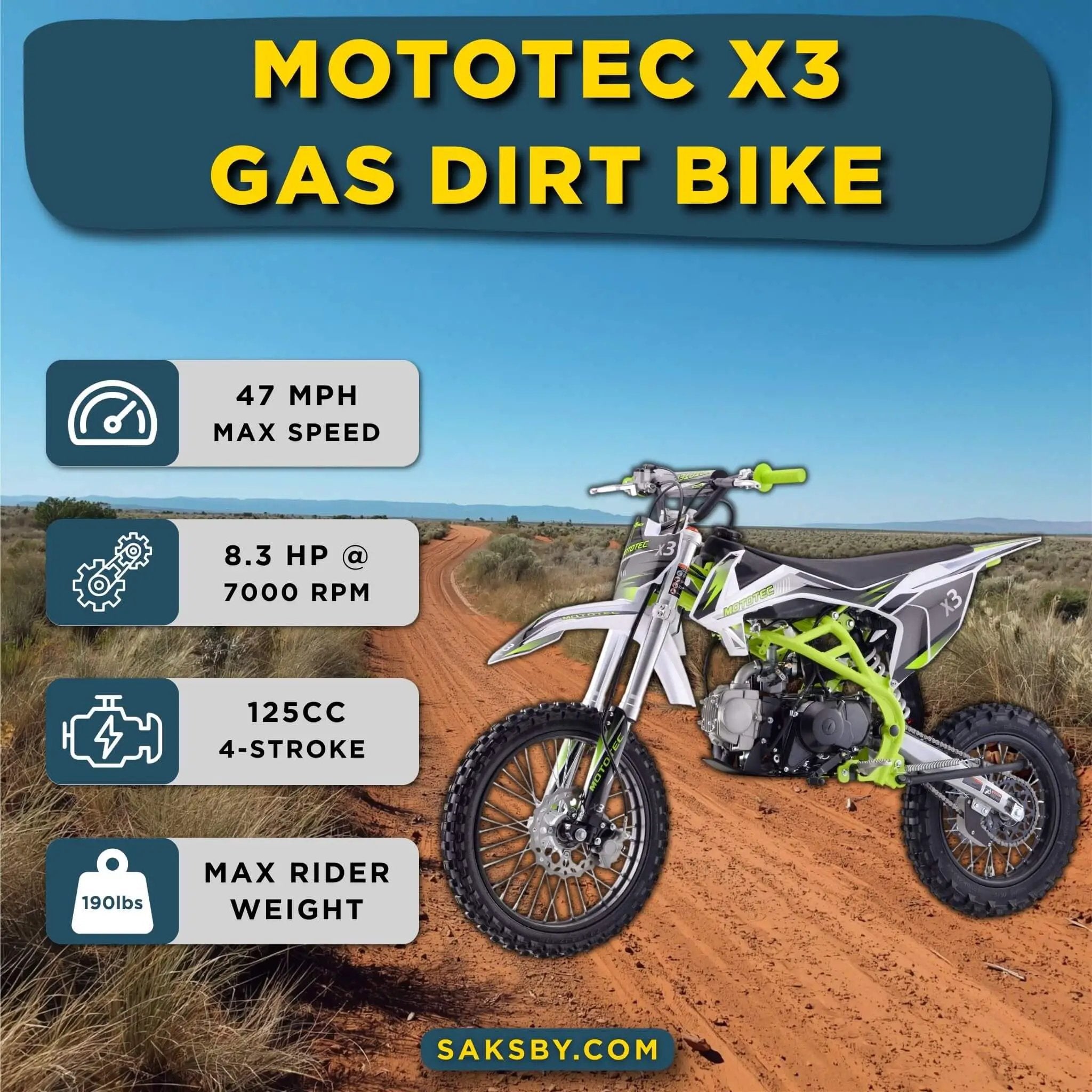 MotoTec X3 125CC 4-Stroke Green Gas-Powered Dirt Bike (SAK86035) by SAKSBY WHOLESALE
