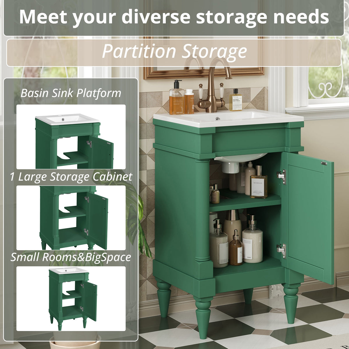 18-Inch Modern Bathroom Vanity with Ceramic Sink, Green, photo 5 of 10