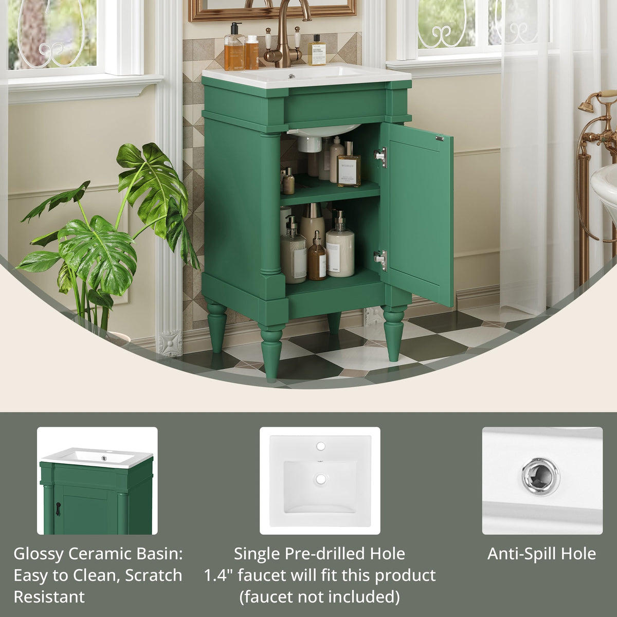 18-Inch Modern Bathroom Vanity with Ceramic Sink, Green, photo 6 of 10