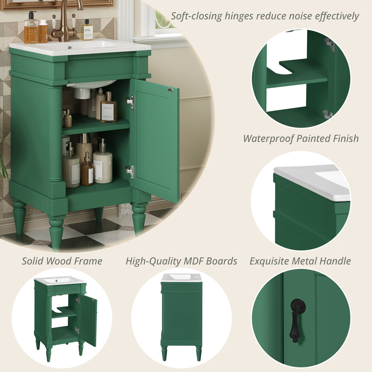 18-Inch Modern Bathroom Vanity with Ceramic Sink, Green, photo 7 of 10