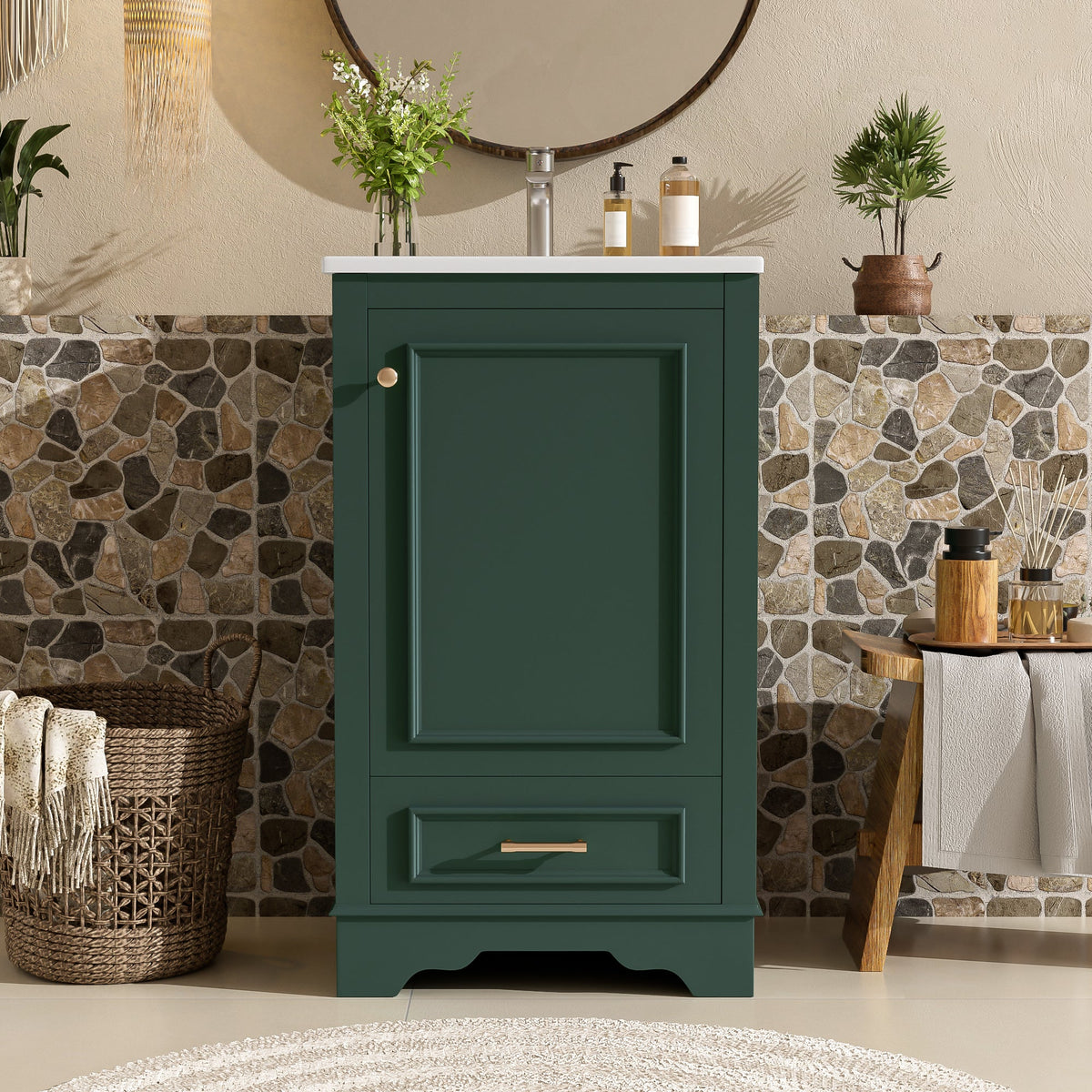 20-Inch Bathroom Vanity with Ceramic Sink, Green, Modern Single