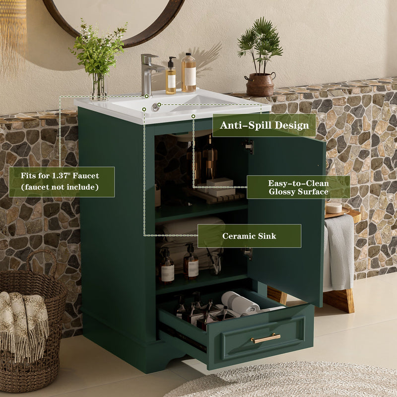 20-Inch Bathroom Vanity with Ceramic Sink, Green, Modern Single, photo 6 of 10