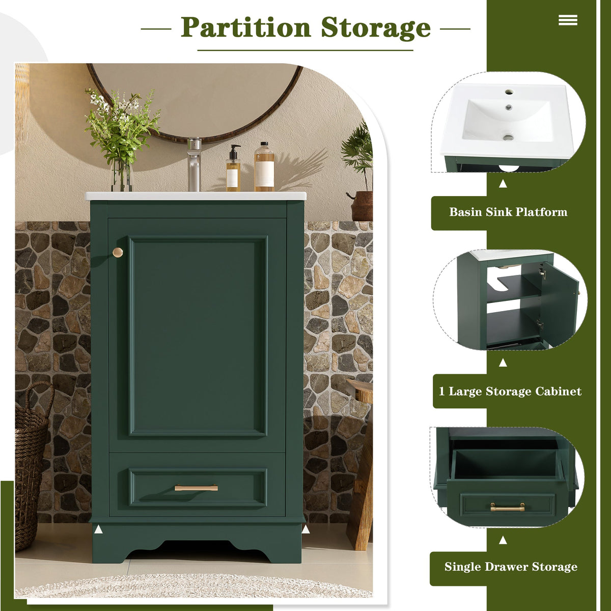 20-Inch Bathroom Vanity with Ceramic Sink, Green, Modern Single, photo 7 of 10