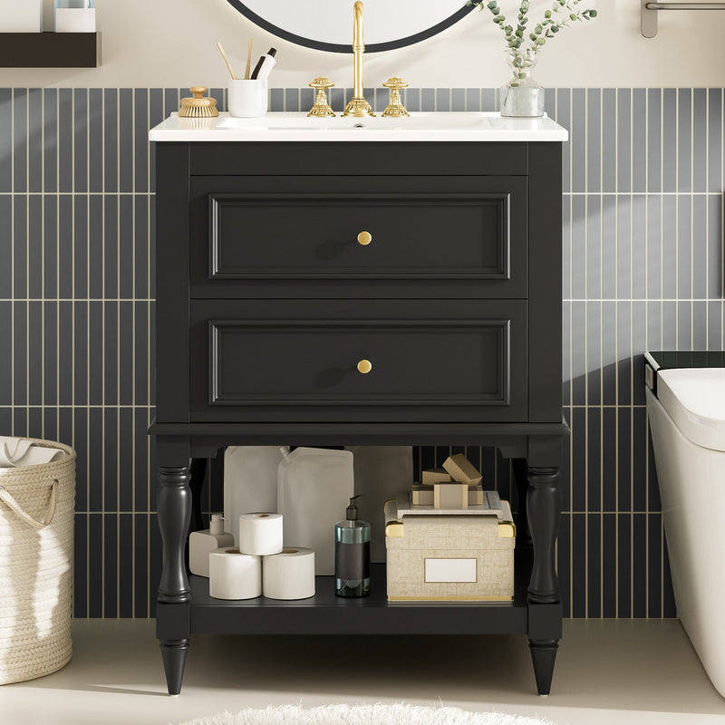 24-Inch Bathroom Vanity with Ceramic Sink, Retro Design Cabinet, Black