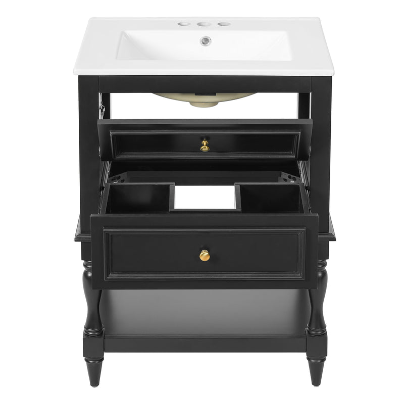 24-Inch Bathroom Vanity with Ceramic Sink, Retro Design Cabinet, Black, photo 10 of 10