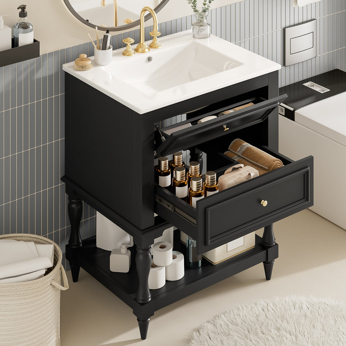 24-Inch Bathroom Vanity with Ceramic Sink, Retro Design Cabinet, Black, photo 2 of 10