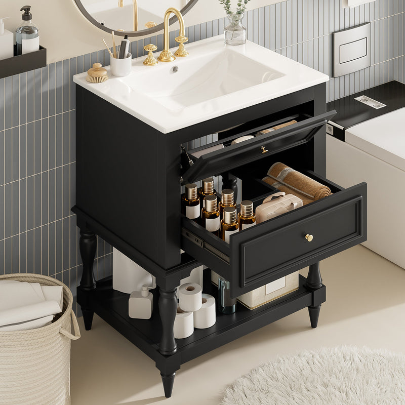 24-Inch Bathroom Vanity with Ceramic Sink, Retro Design Cabinet, Black, photo 2 of 10