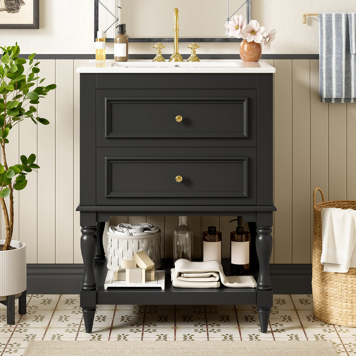 24-Inch Bathroom Vanity with Ceramic Sink, Retro Design Cabinet, Black, photo 3 of 10