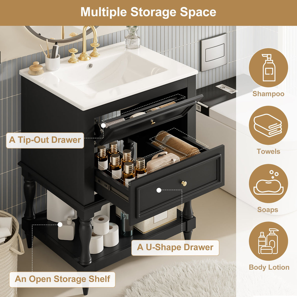 24-Inch Bathroom Vanity with Ceramic Sink, Retro Design Cabinet, Black, photo 5 of 10