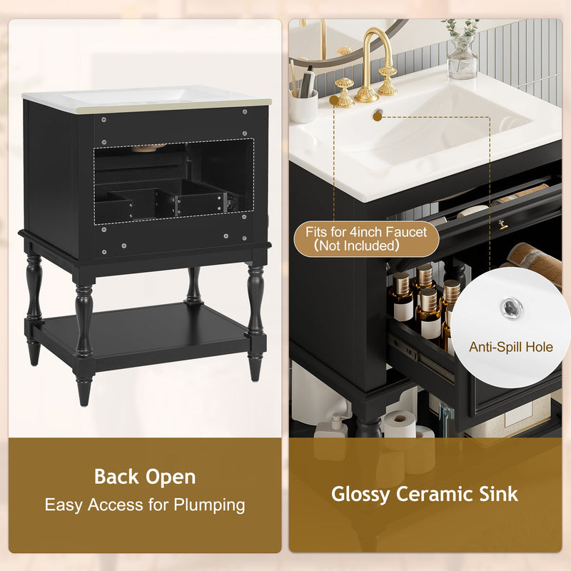 24-Inch Bathroom Vanity with Ceramic Sink, Retro Design Cabinet, Black, photo 6 of 10