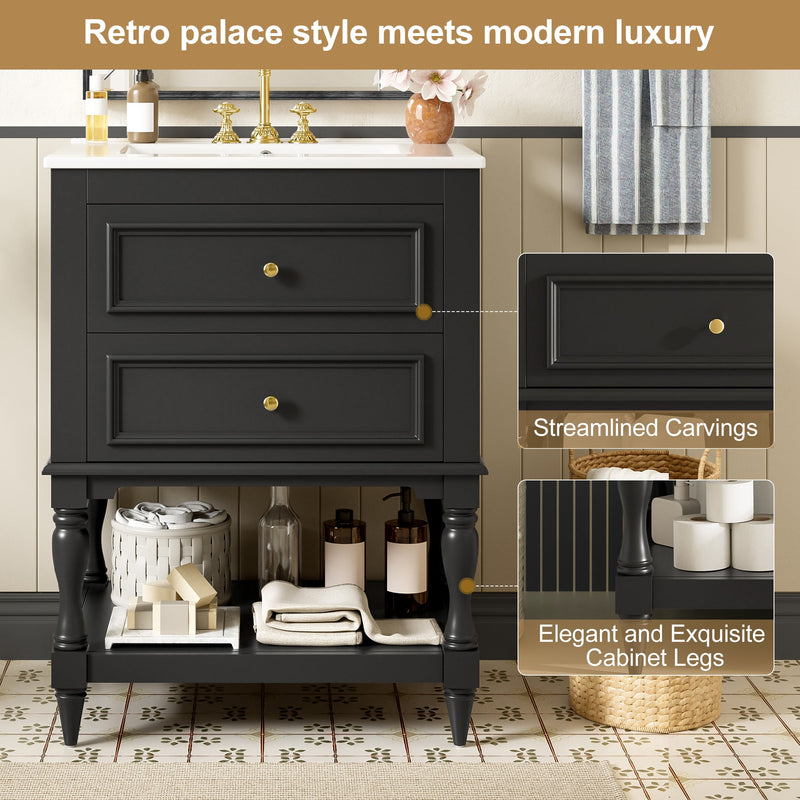 24-Inch Bathroom Vanity with Ceramic Sink, Retro Design Cabinet, Black, photo 7 of 10