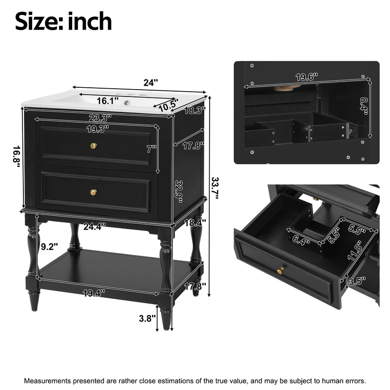 24-Inch Bathroom Vanity with Ceramic Sink, Retro Design Cabinet, Black, photo 8 of 10