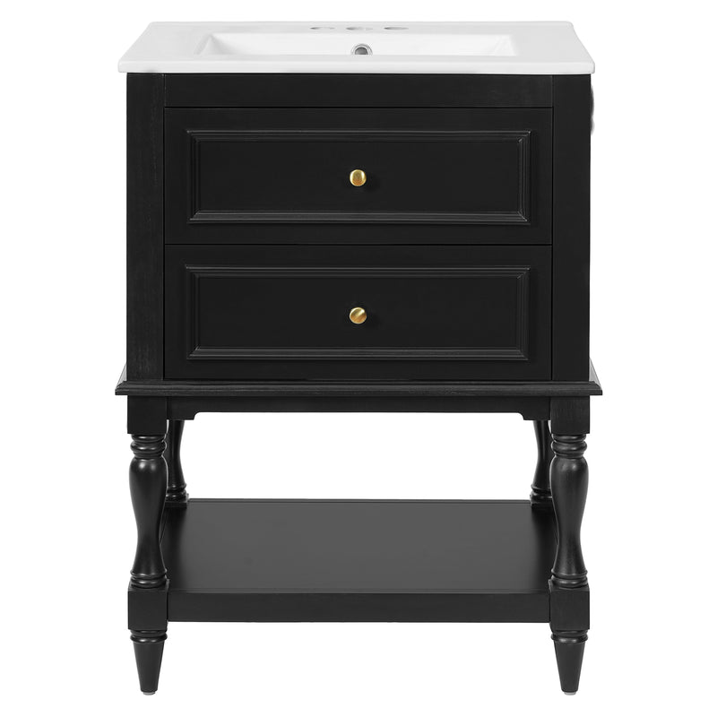 24-Inch Bathroom Vanity with Ceramic Sink, Retro Design Cabinet, Black, photo 9 of 10