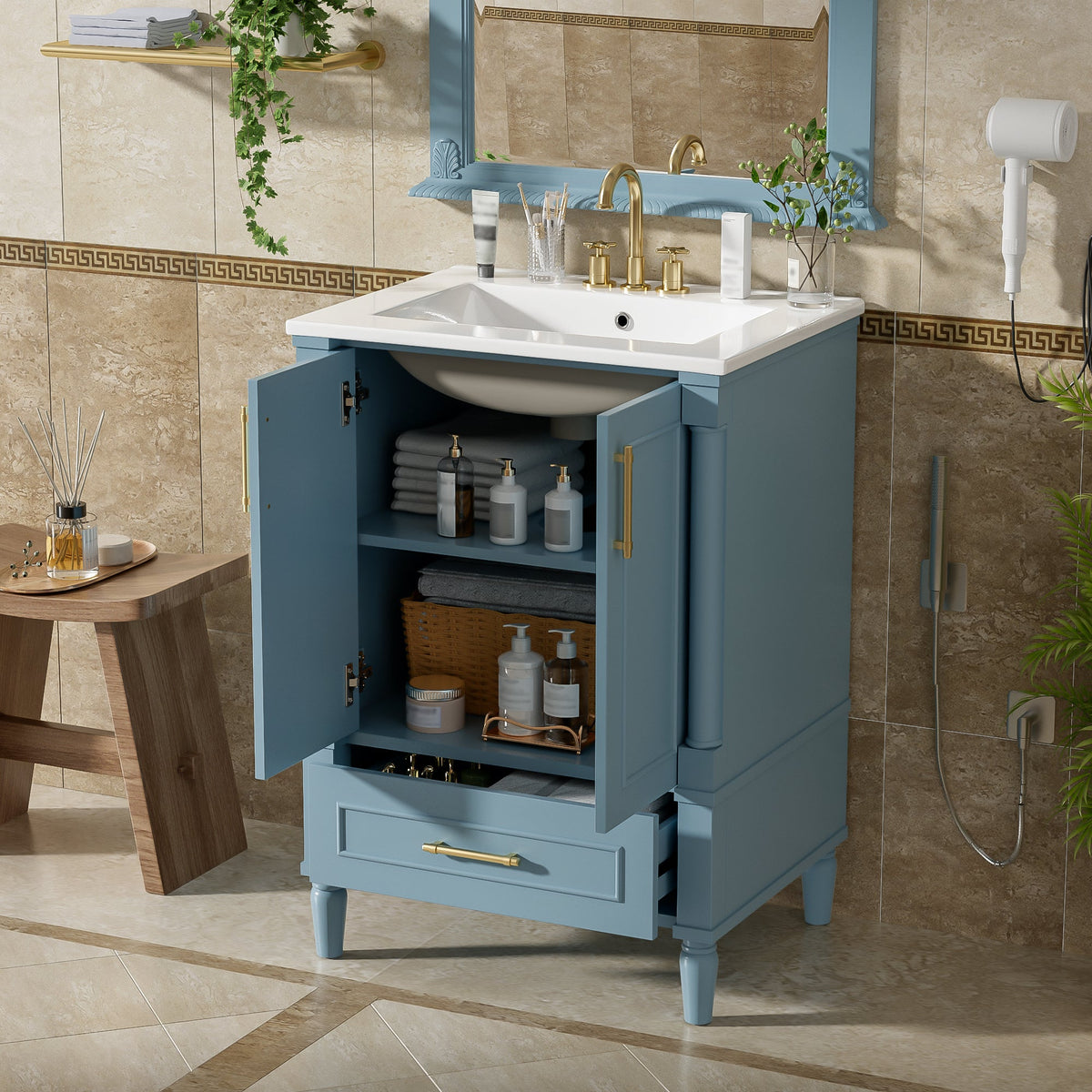 24-Inch Modern Bathroom Vanity with Ornate Motif Design, Indigo Blue, photo 3 of 10
