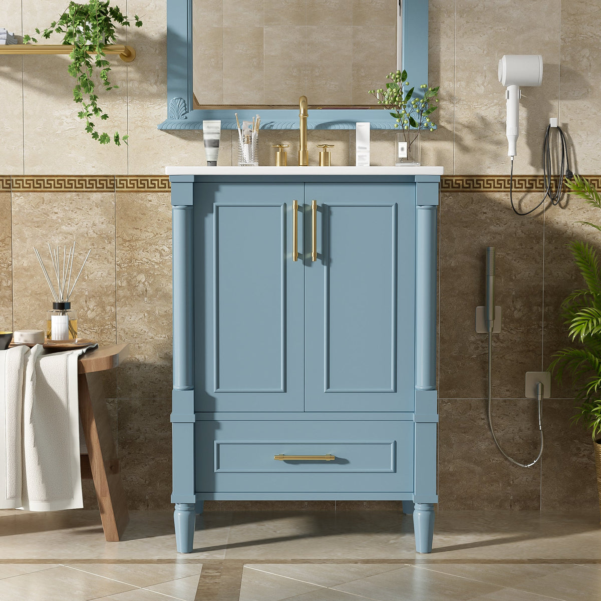 24-Inch Modern Bathroom Vanity with Ornate Motif Design, Indigo Blue, photo 4 of 10