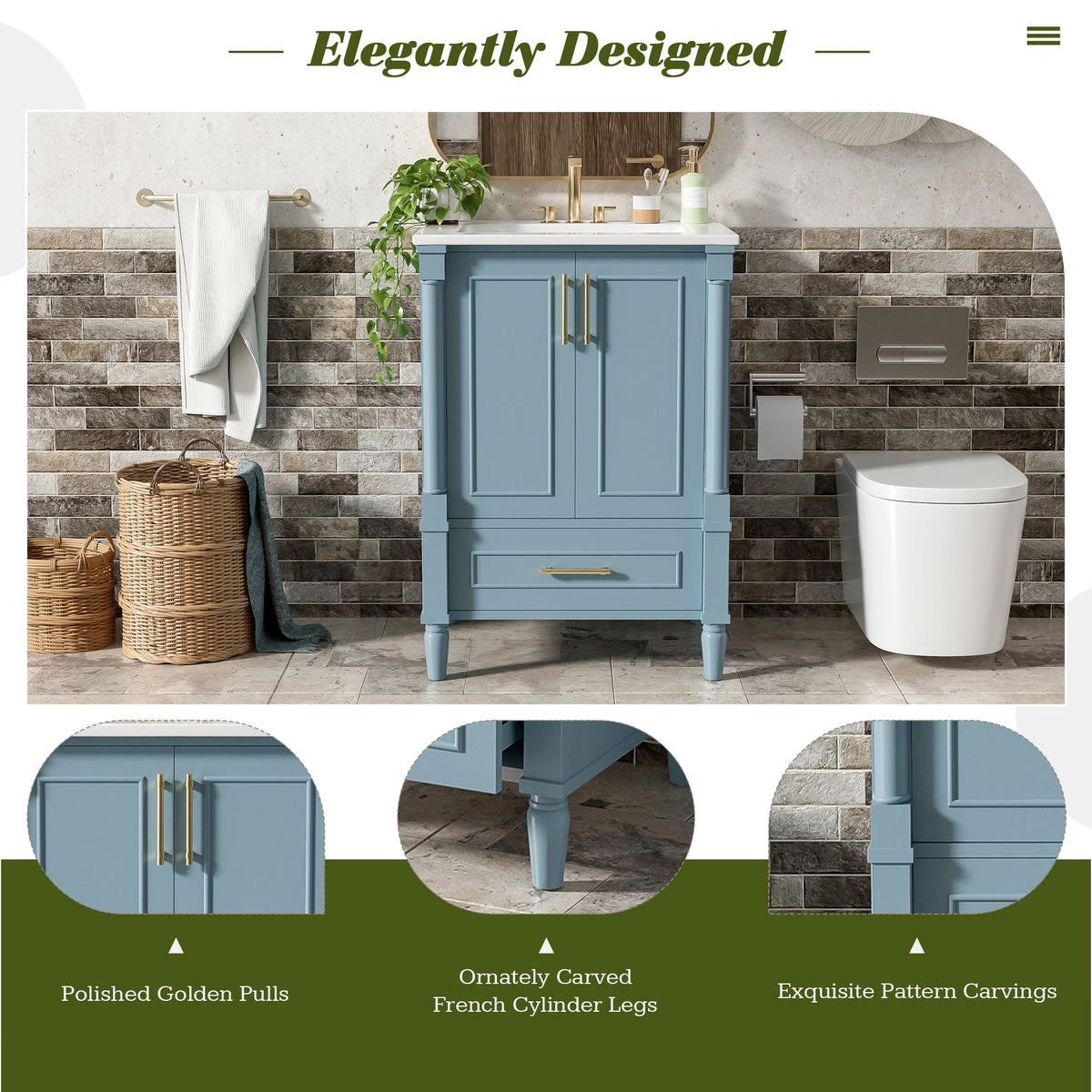 24-Inch Modern Bathroom Vanity with Ornate Motif Design, Indigo Blue, photo 6 of 10