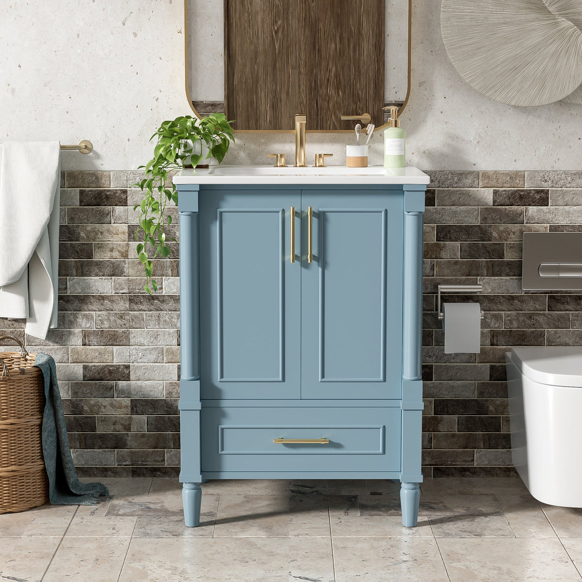 24-Inch Modern Bathroom Vanity with Ornate Motif Design, Indigo Blue