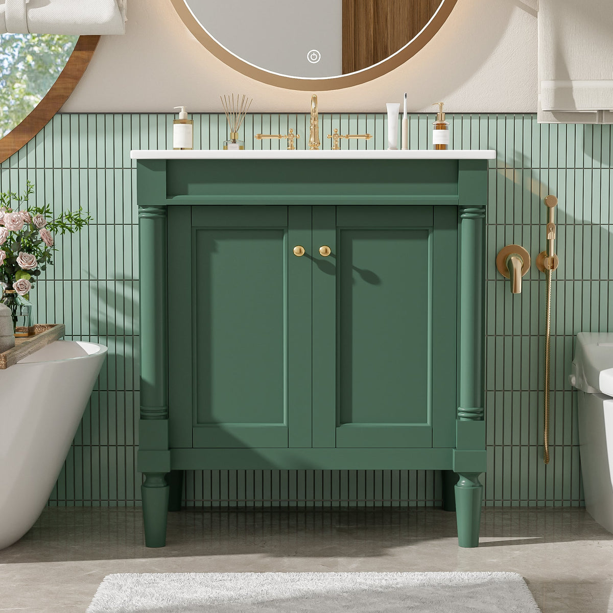 30-Inch Bathroom Vanity Cabinet with Ceramic Sink, Soft Close Doors, Green, photo 3 of 10