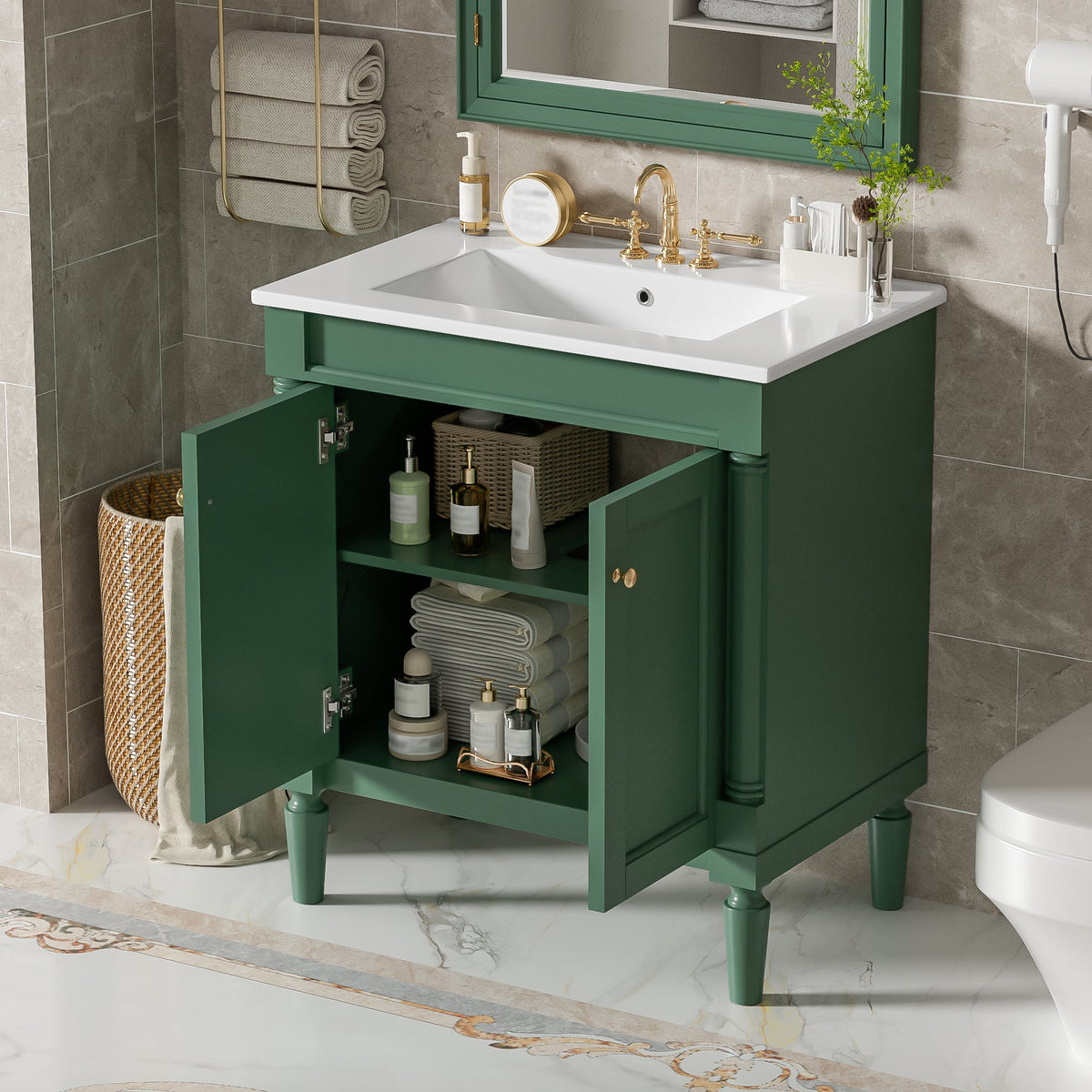 30-Inch Bathroom Vanity Cabinet with Ceramic Sink, Soft Close Doors, Green, photo 4 of 10