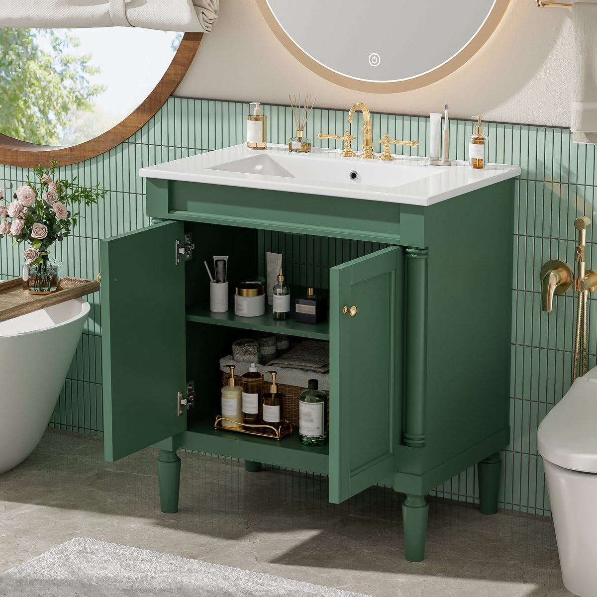30-Inch Bathroom Vanity Cabinet with Ceramic Sink, Soft Close Doors, Green, photo 5 of 10