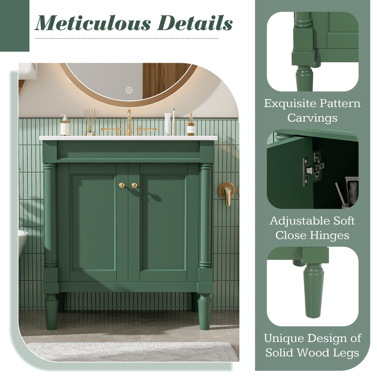 30-Inch Bathroom Vanity Cabinet with Ceramic Sink, Soft Close Doors, Green, photo 6 of 10