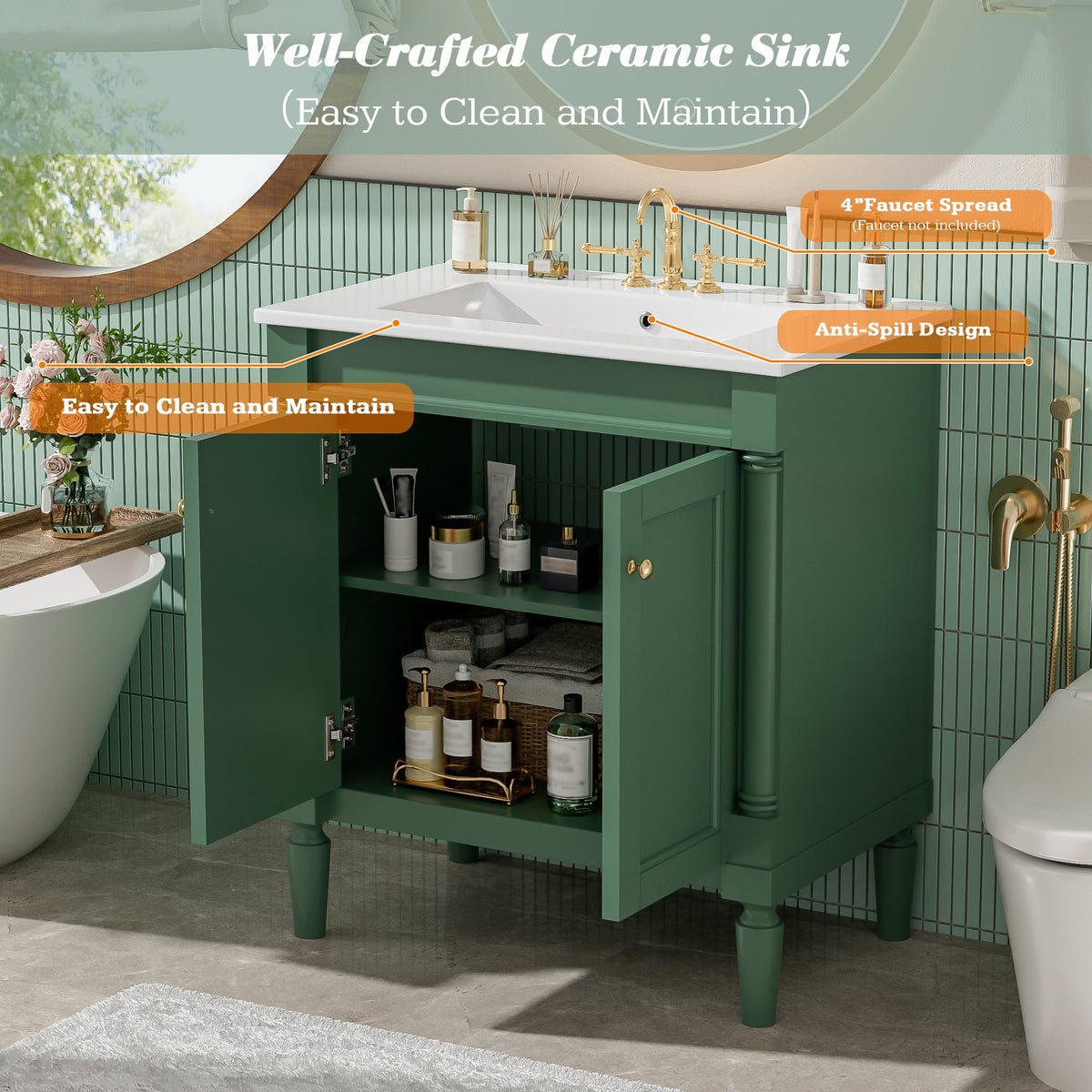 30-Inch Bathroom Vanity Cabinet with Ceramic Sink, Soft Close Doors, Green, photo 7 of 10