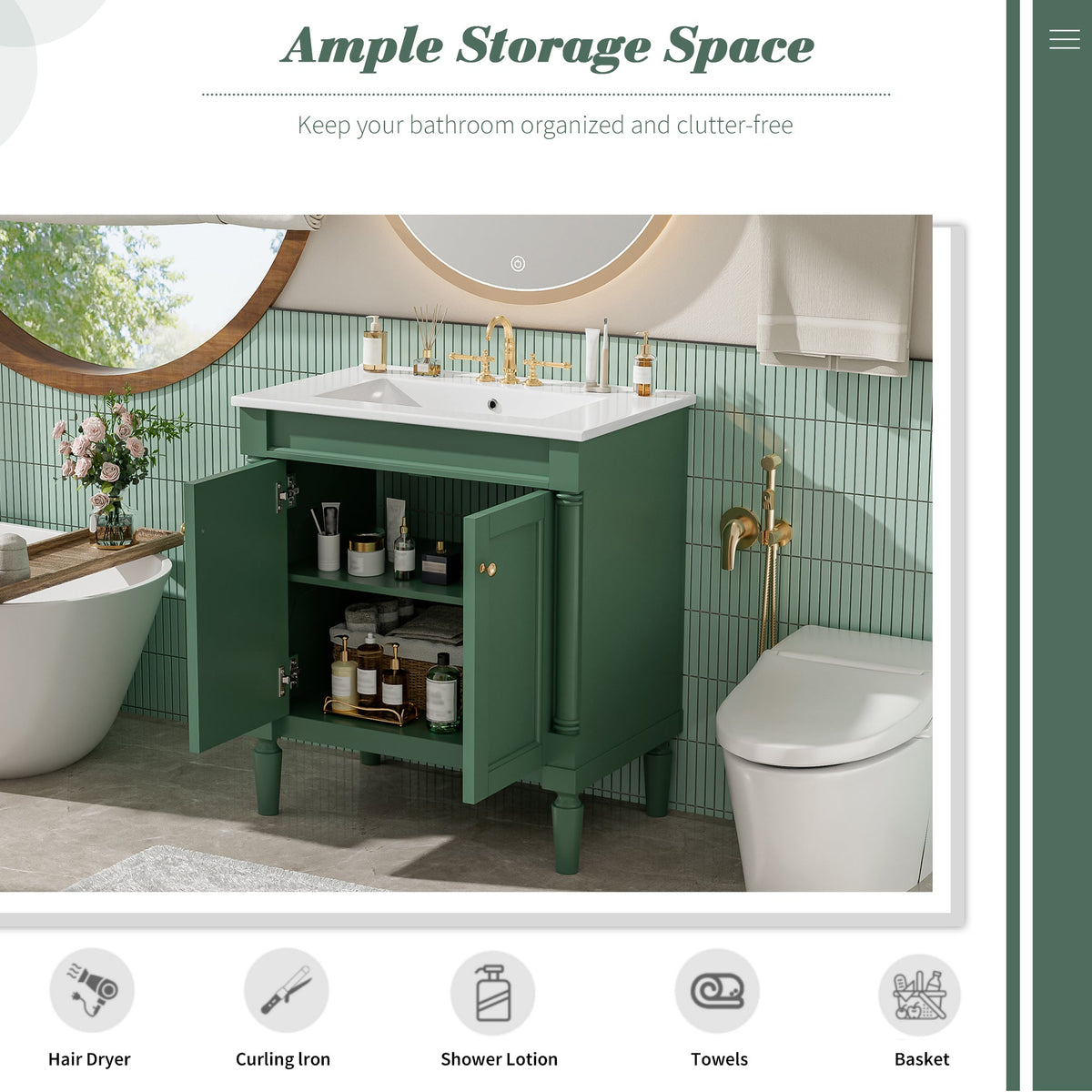 30-Inch Bathroom Vanity Cabinet with Ceramic Sink, Soft Close Doors, Green, photo 8 of 10