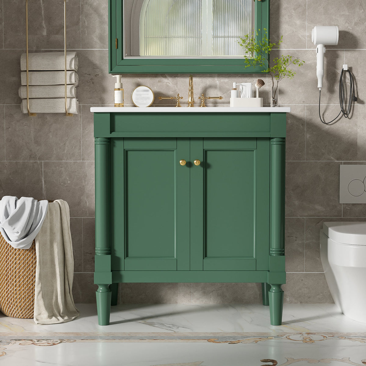 30-Inch Bathroom Vanity Cabinet with Ceramic Sink, Soft Close Doors, Green