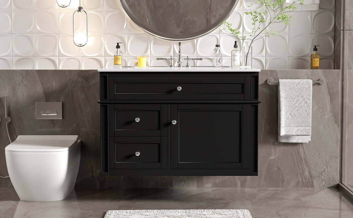 30-Inch Wall Mounted Bathroom Vanity, Floating Cabinet with Ceramic Sink, Black, photo 10 of 10