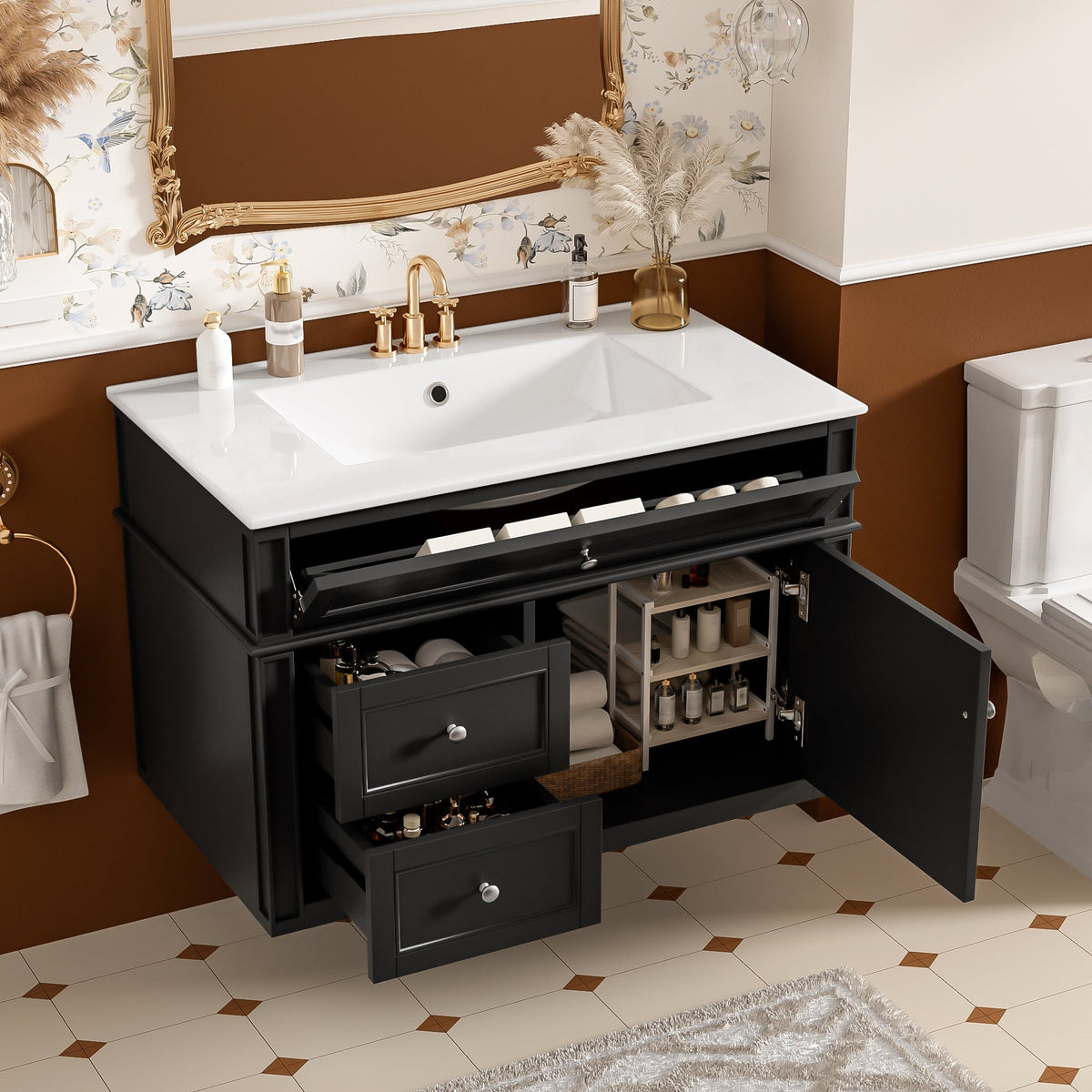 30-Inch Wall Mounted Bathroom Vanity, Floating Cabinet with Ceramic Sink, Black, photo 3 of 10